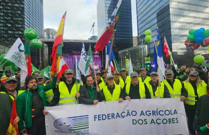 Agricultores portugueses na manifestação em Bruxelas, com coletes refletores e bandeiras