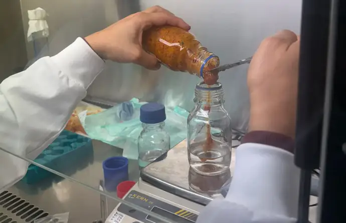 Medronho está dentro de um frasco num laboratório a ser manuseado por alguém com uma bata vestida