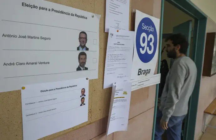 Um placar à frente de uma mesa de voto, com exemplos dos boletins afixados.