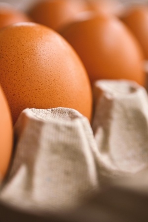 Ovos inteiros numa caixa e cartão