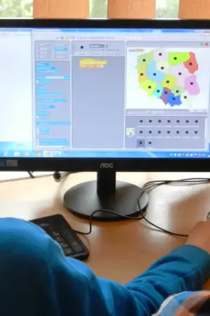 Duas crianças, de costas, a olhar para o monitor do computador onde estão a aprender programação.