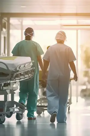 Imagem demonstra profissionais de saúde no corredor de um hospital