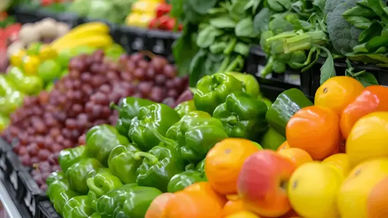 Frutas e legumes expostos.