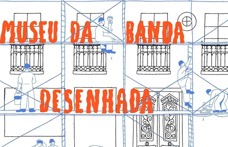 Ilustração de uma fachada a ser construída por pessoas em andaimes e onde se lê "Museu de Banda Desenhada"