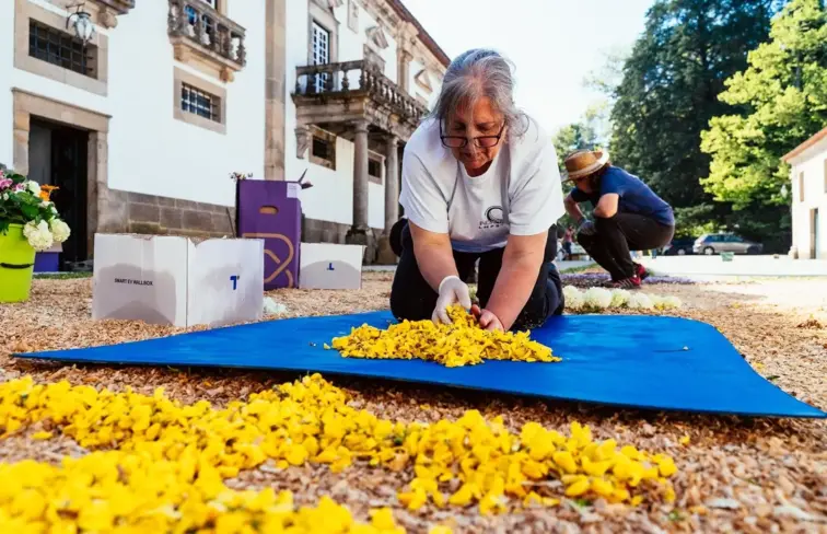 Pessoa a fazer o tapete de flores na rua.