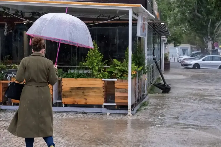 Mulher de costas, a caminhar na rua num dia chuvoso, com um guarda-chuva na mão.