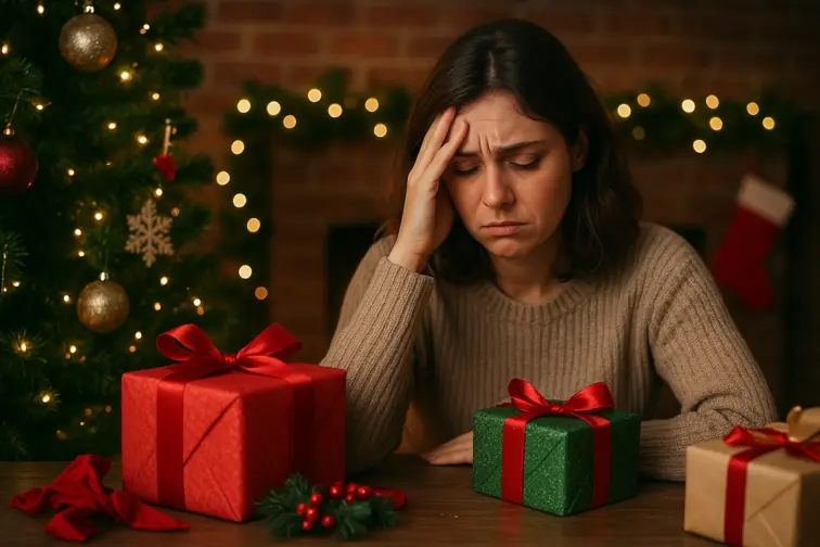 Imagem de uma mulher com presentes de Natal