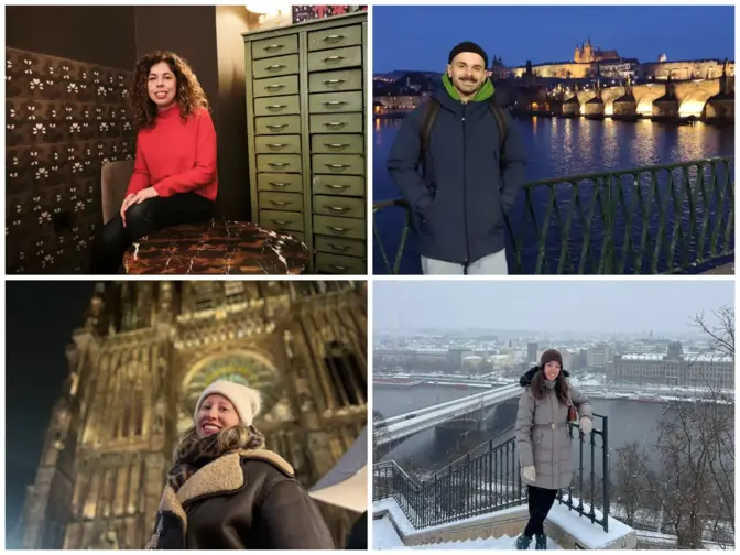 Colagem que junta quatro fotografias de emigrantes portugueses