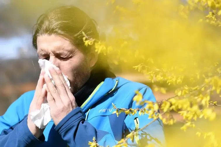 Homem a assoar o nariz, aparentemente com crise alérgica, próximo de uma fonte de pólen.
