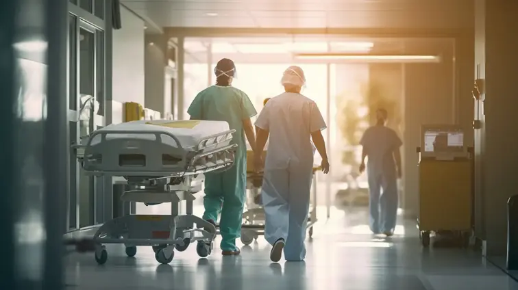 Imagem demonstra profissionais de saúde no corredor de um hospital