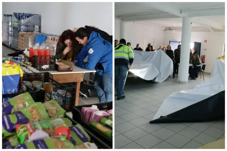 Imagem onde se vê o posto de voluntariado com alimentos e recolha de lonas.