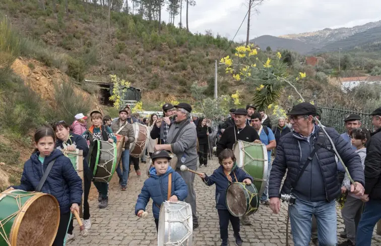 Pessoas tocam bombo e transportam mimosas numa romagem na serra