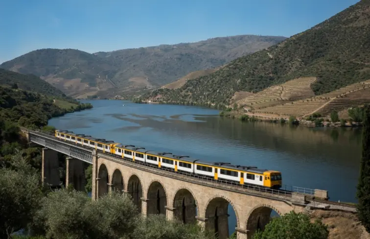 Vista geral de um comboio num troço da Linha do Douro
