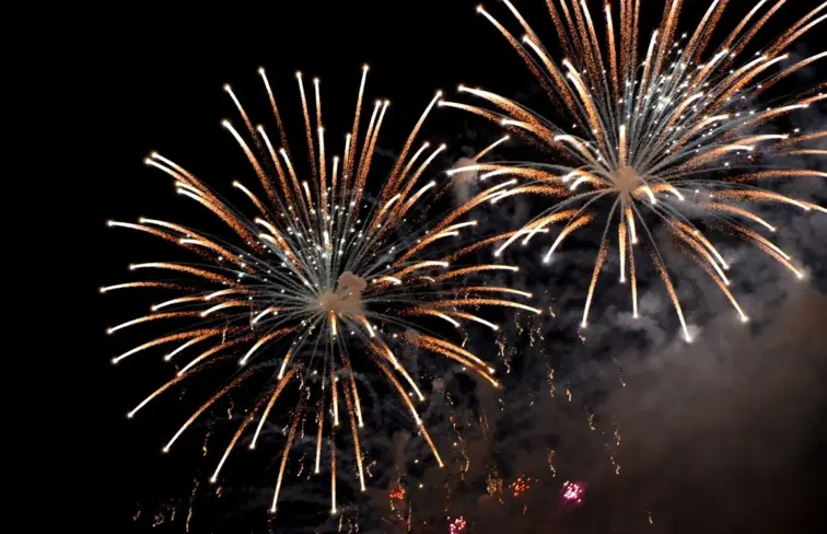Fogos de artifício, no céu, à noite, da cor amarelo e laranja.