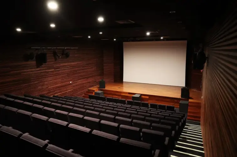 Na imagem, uma sala de cinema vazia e, ao fundo, o grande ecrã.