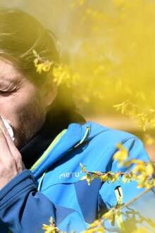 Homem a assoar o nariz, aparentemente com crise alérgica, próximo de uma fonte de pólen.