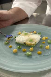 Prato com sapateira, abacate, citrinos. Chef a colocar uma flor comestível no prato.